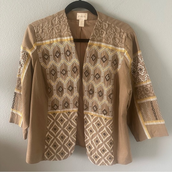 Chico's Jackets & Blazers - Chico’s Womens Jacket size L Beaded Boho Embroidered Cotton Khaki